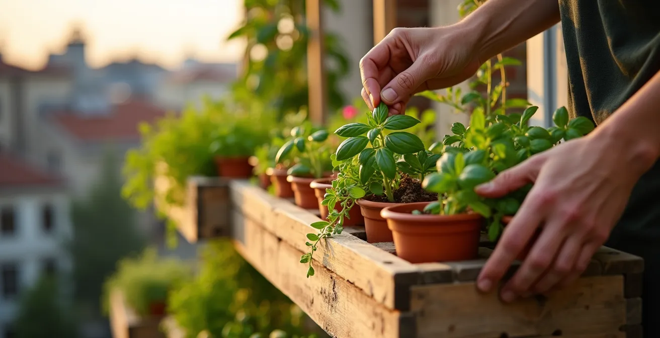 Üppiger Balkon mit vertikalem Kräutergarten und blühenden Bienenpflanzen