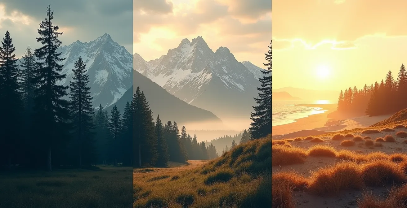 Komposition dreier deutscher Landschaftstypen: Schwarzwald, Zugspitze und Ostseeküste