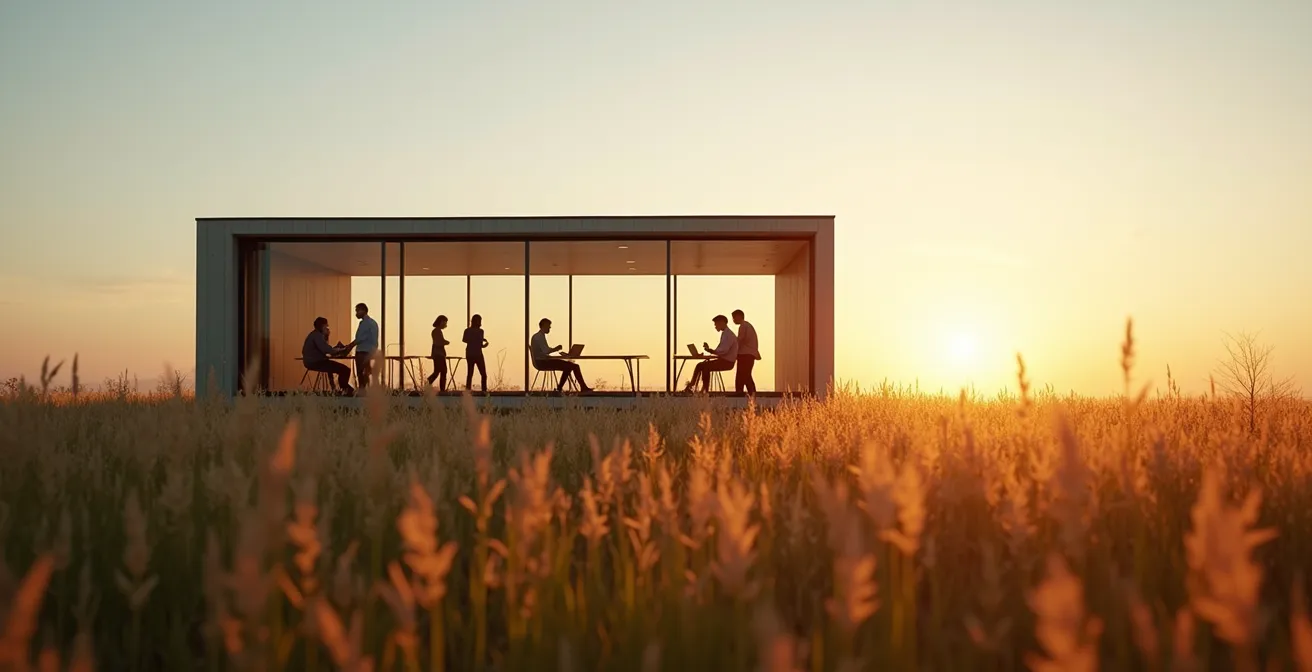 Weitwinkelaufnahme eines modernen Co-Working-Spaces in ländlicher Umgebung mit Glasfassade und Blick auf brandenburgische Felder