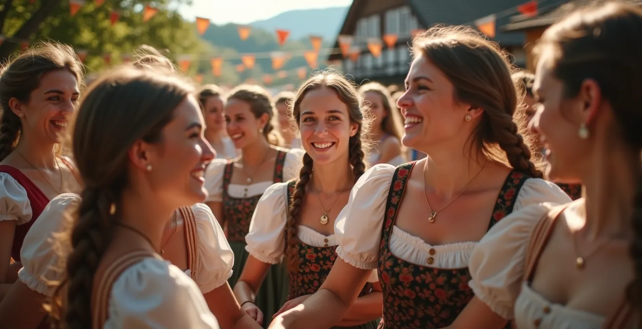 Menschen in traditioneller Tracht beim gemeinsamen Feiern eines regionalen Festes in Deutschland, die Freude und Gemeinschaft ausstrahlen.