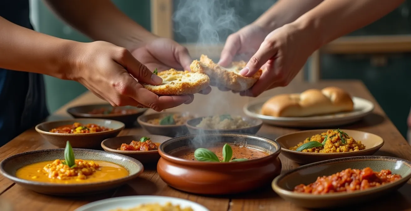 Menschen verschiedener Kulturen teilen Mahlzeit an gemeinsamem Tisch