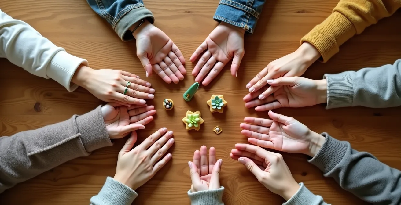 Gruppe von Menschen verschiedenen Alters bei gemeinsamer Aktivität im Vereinsheim