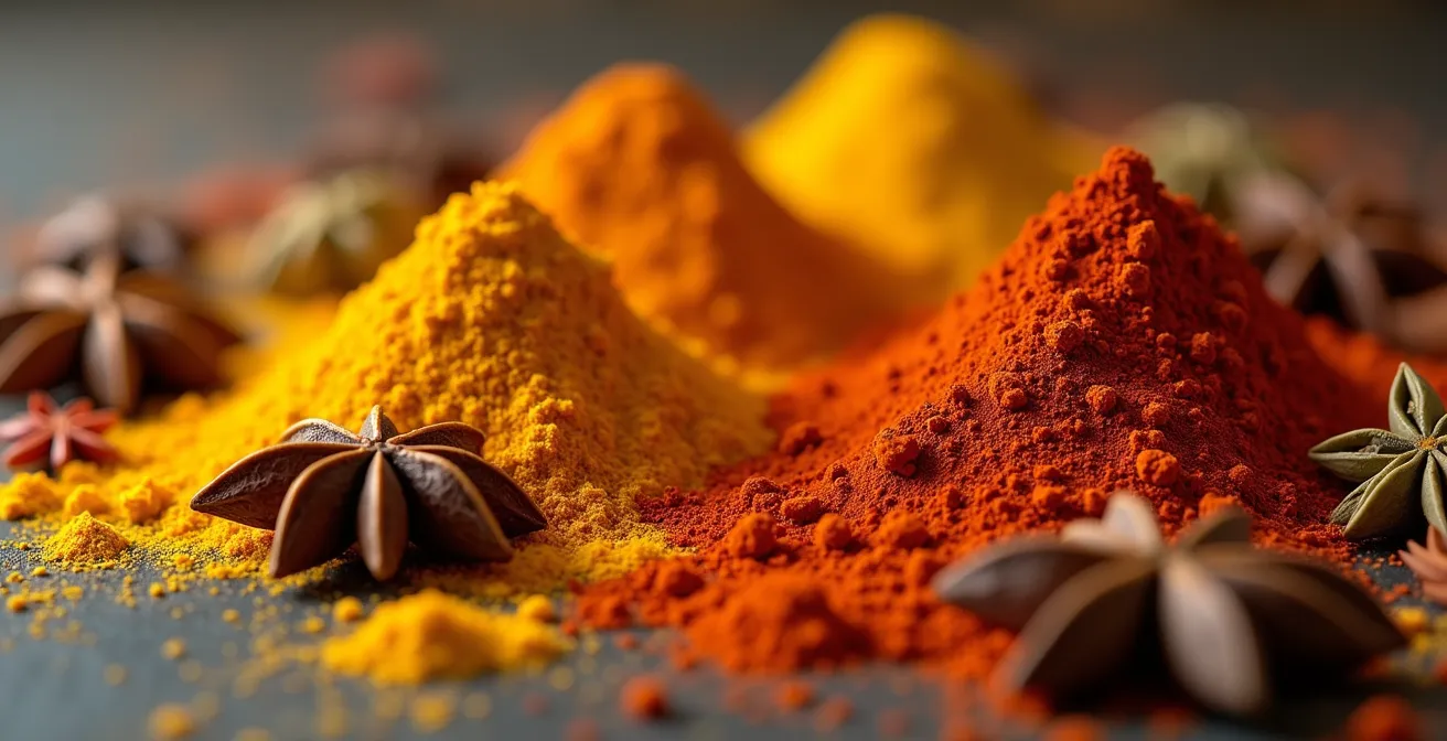 Makroaufnahme verschiedener exotischer Gewürze und Aromen in satten Farben, die Textur und Duft andeuten.
