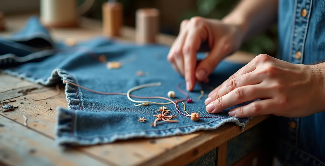 Hände arbeiten an einem Upcycling-Projekt mit Nadel und Faden auf einem hölzernen Arbeitstisch