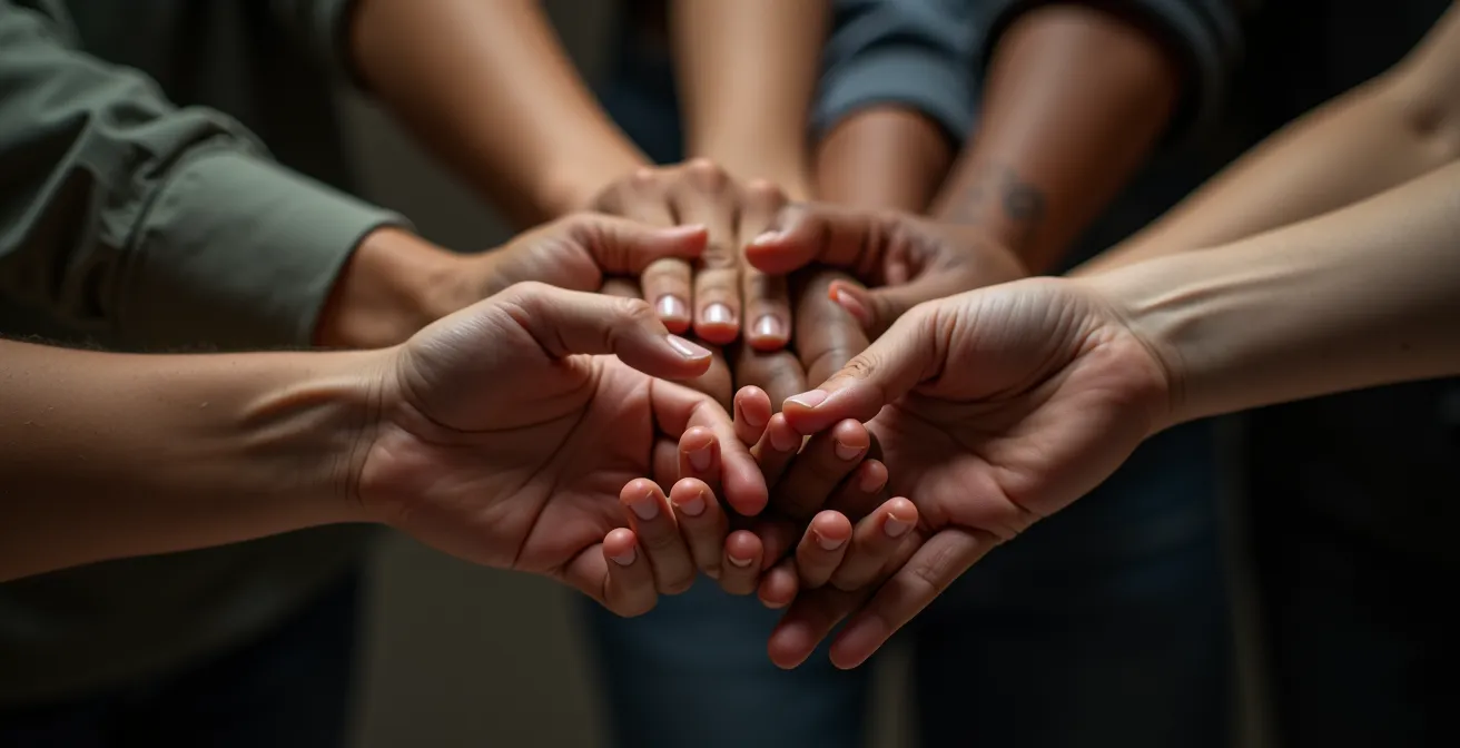 Nahaufnahme von Händen verschiedener Menschen, die spontan gemeinsam eine kreative Geste formen
