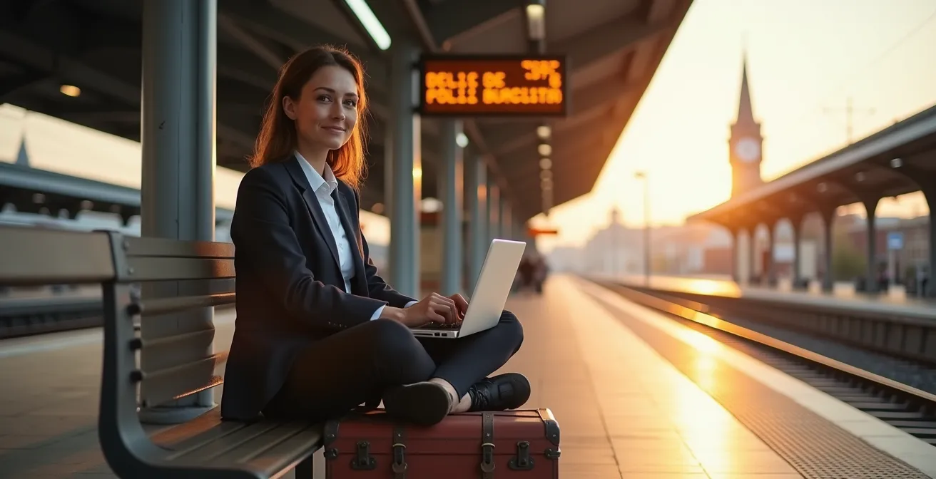 Geschäftsmann improvisiert am leeren Bahnsteig einer deutschen Bahnstation mit Laptop auf dem Koffer und lächelt.