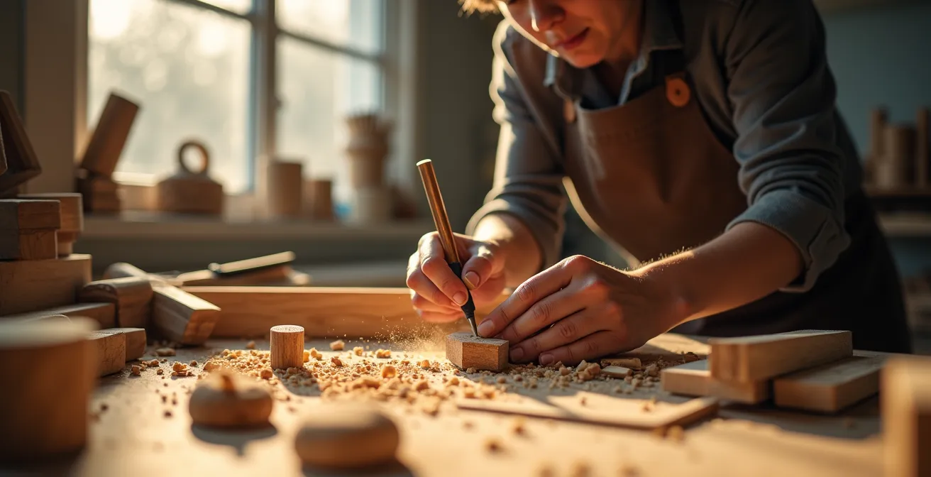 Heimwerkstatt mit Holzprojekten und kreativen Materialien in warmem Licht