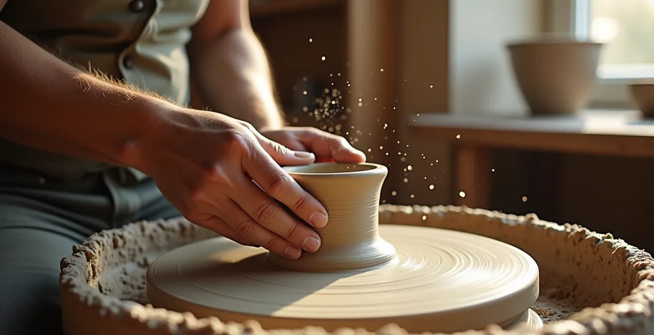 Erwachsene Person beim kreativen Töpfern in entspannter Atmosphäre