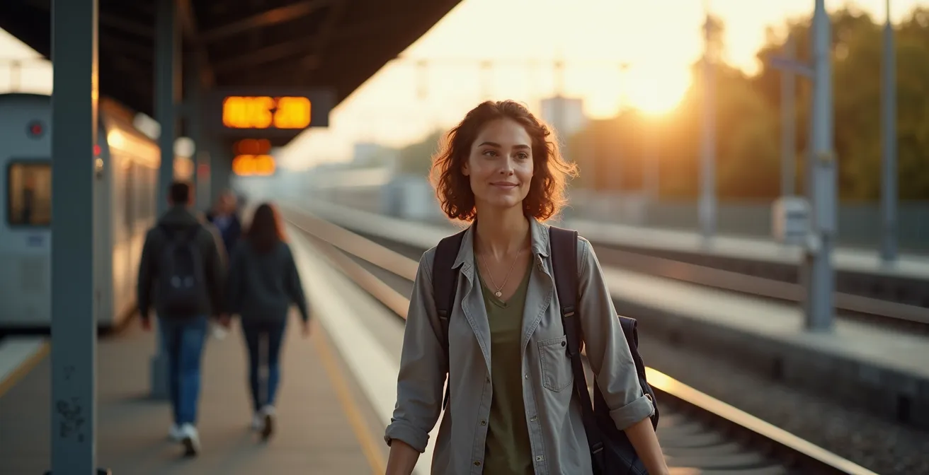 Person steigt neugierig aus einer S-Bahn an unbekannter Endstation aus, urbane Entdeckung beginnt