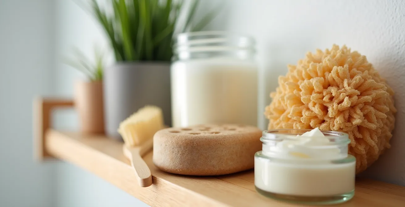 Badezimmer-Regal mit nachhaltigen Alternativen zu Plastikprodukten