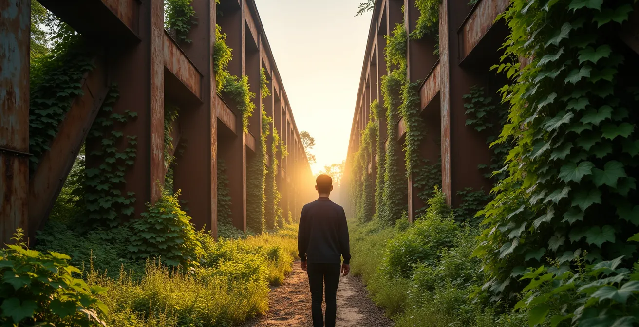 Verlassene Industrieanlage überwuchert von grüner Vegetation im Abendlicht