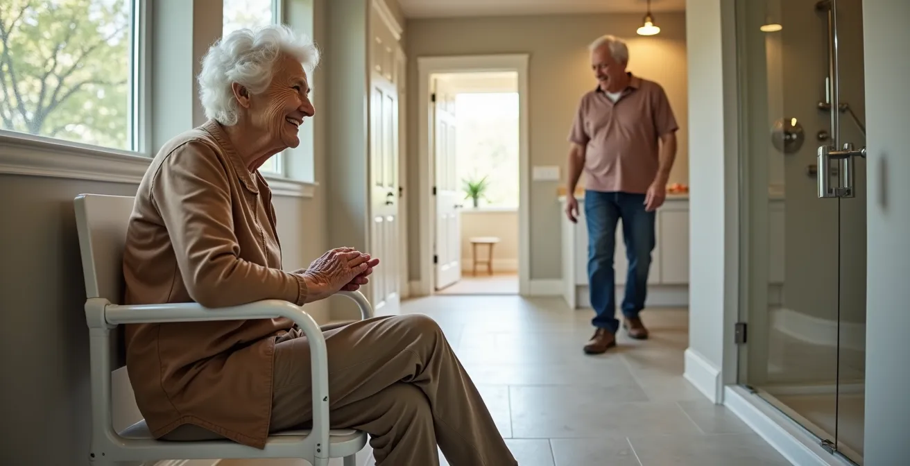 Barrierefreies Badezimmer mit bodengleicher Dusche und Haltegriffen, das Sicherheit und modernes Design vereint.