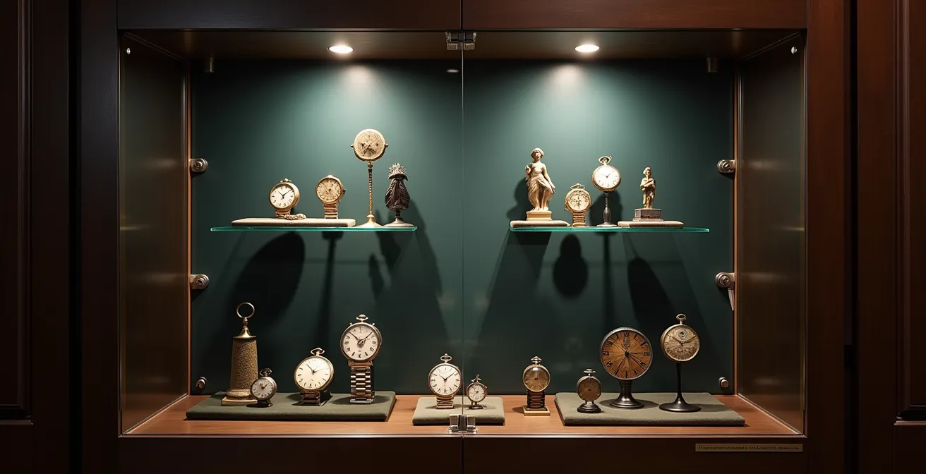 Elegant beleuchtete Vitrine mit kunstvoll arrangierten Sammlerstücken