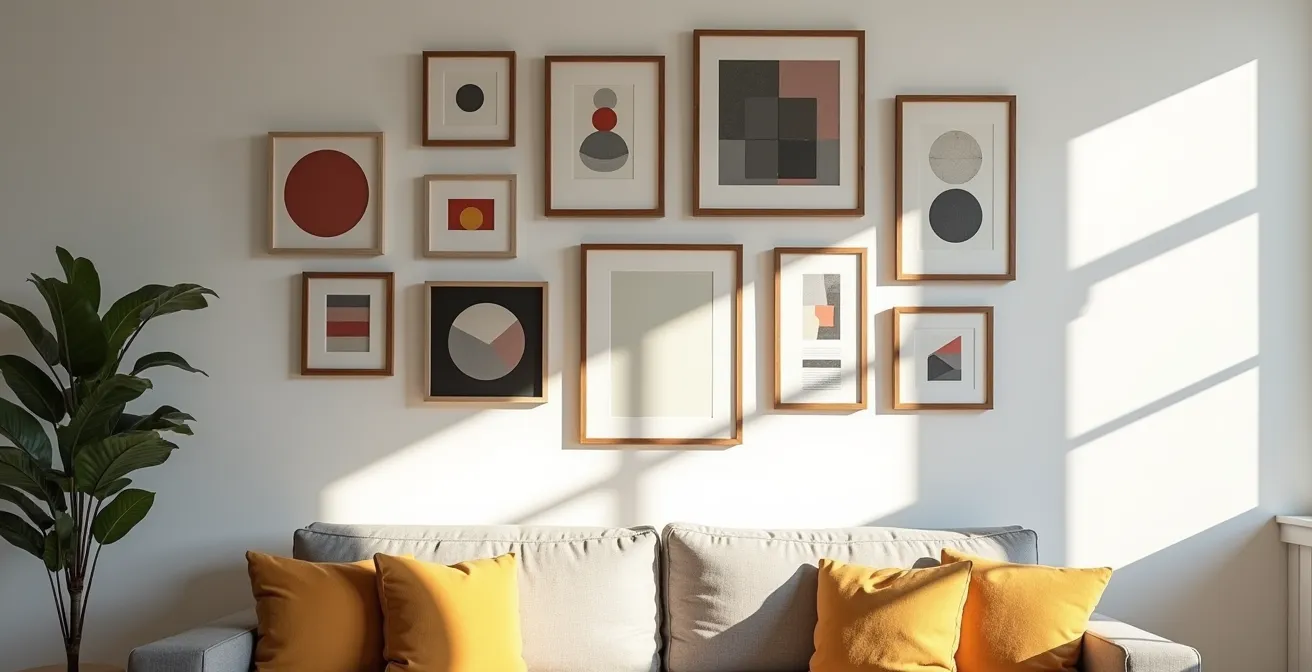Eine geometrisch arrangierte Bilderwand im Bauhaus-Stil in einem modernen deutschen Wohnzimmer