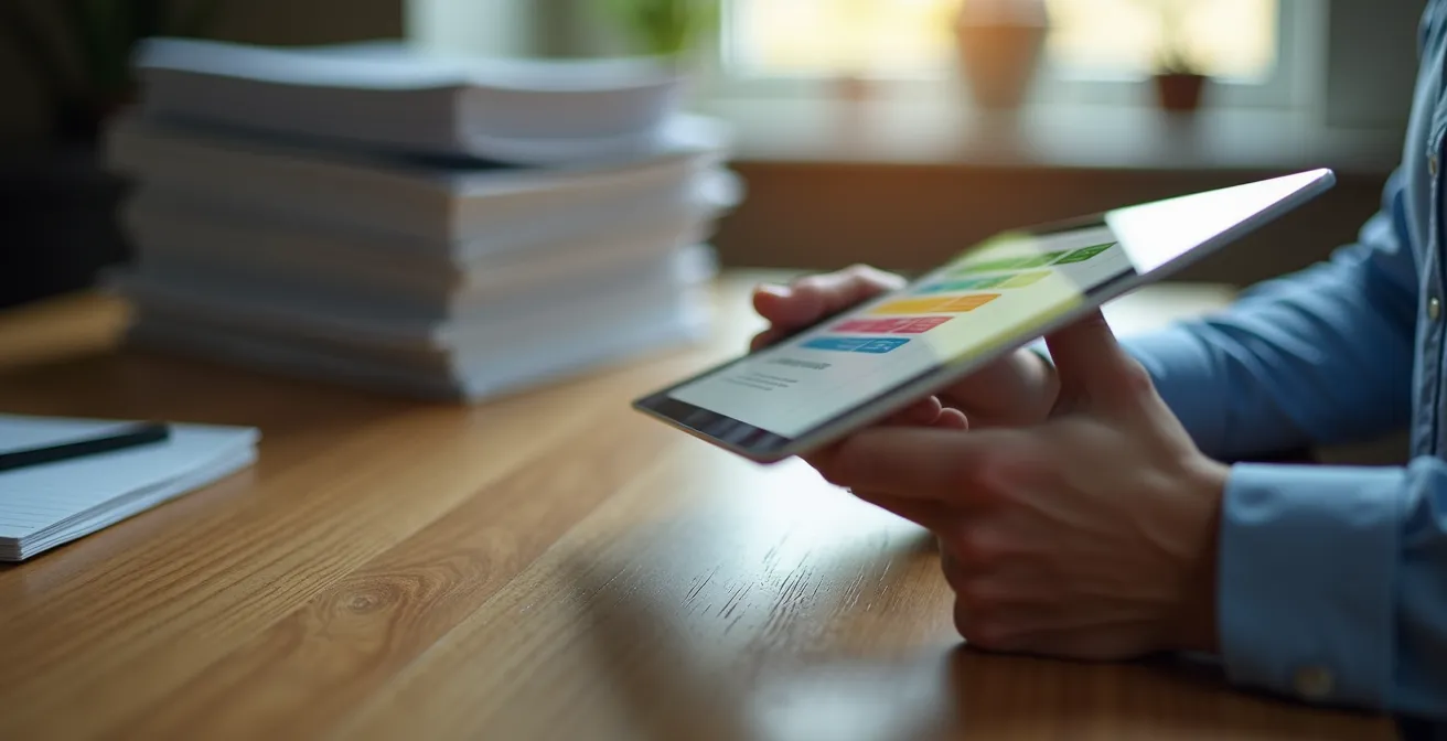 Eine Person hält ein Tablet, das eine übersichtlich strukturierte digitale Hausakte mit allen wichtigen Dokumenten anzeigt.