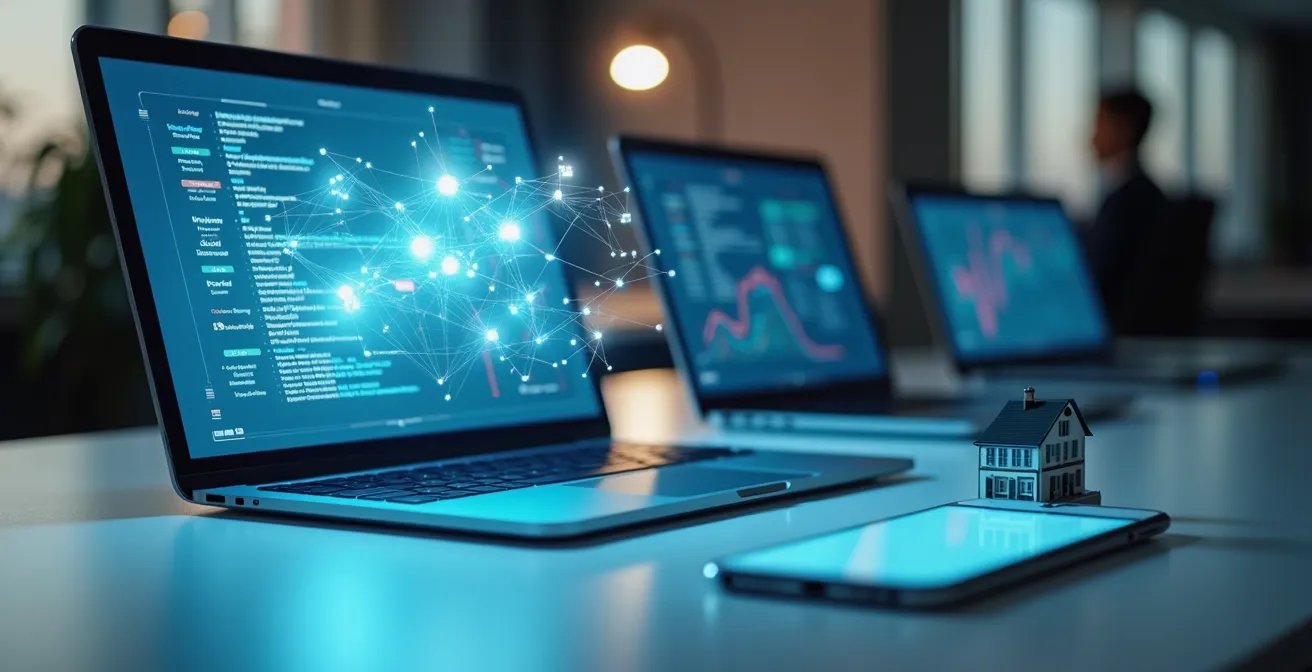 Nahaufnahme eines modernen Arbeitsplatzes mit Cloud-Software für Nebenkostenabrechnung auf mehreren Geräten