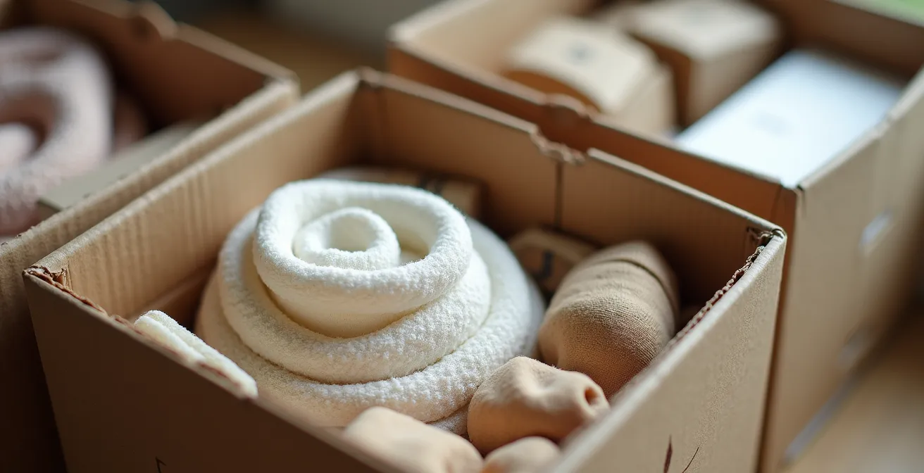 Nahaufnahme von drei beschrifteten Kartons mit verschiedenen Gegenständen beim Aussortieren