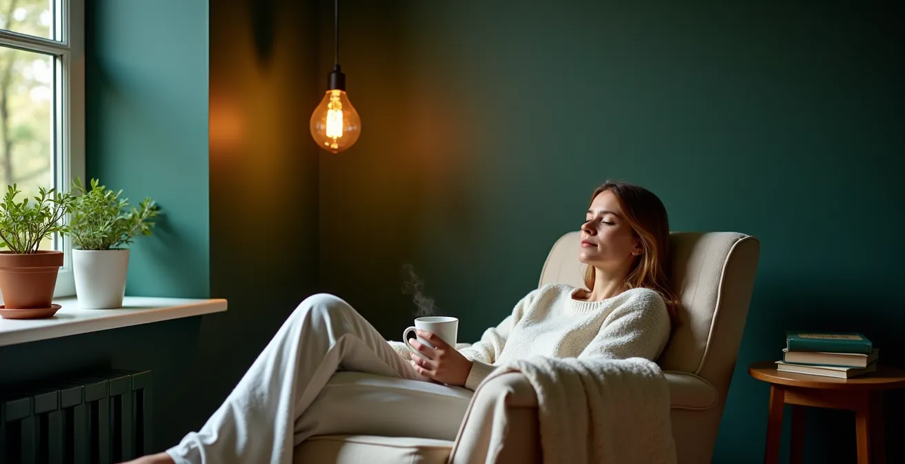 Nordzimmer mit dunkler Wandfarbe in Waldgrün, die einen gemütlichen Höhlenefft erzeugt