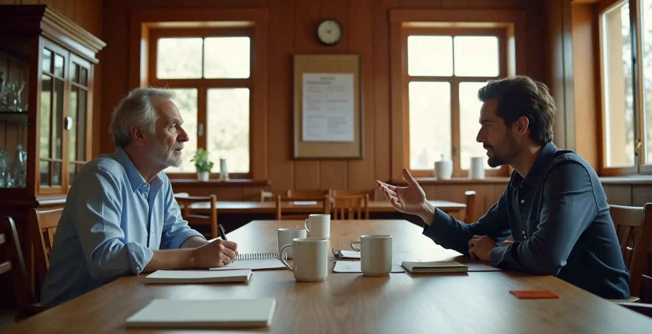 Authentisches Gespräch zwischen Gründer und potentiellem Kunden im Vereinslokal