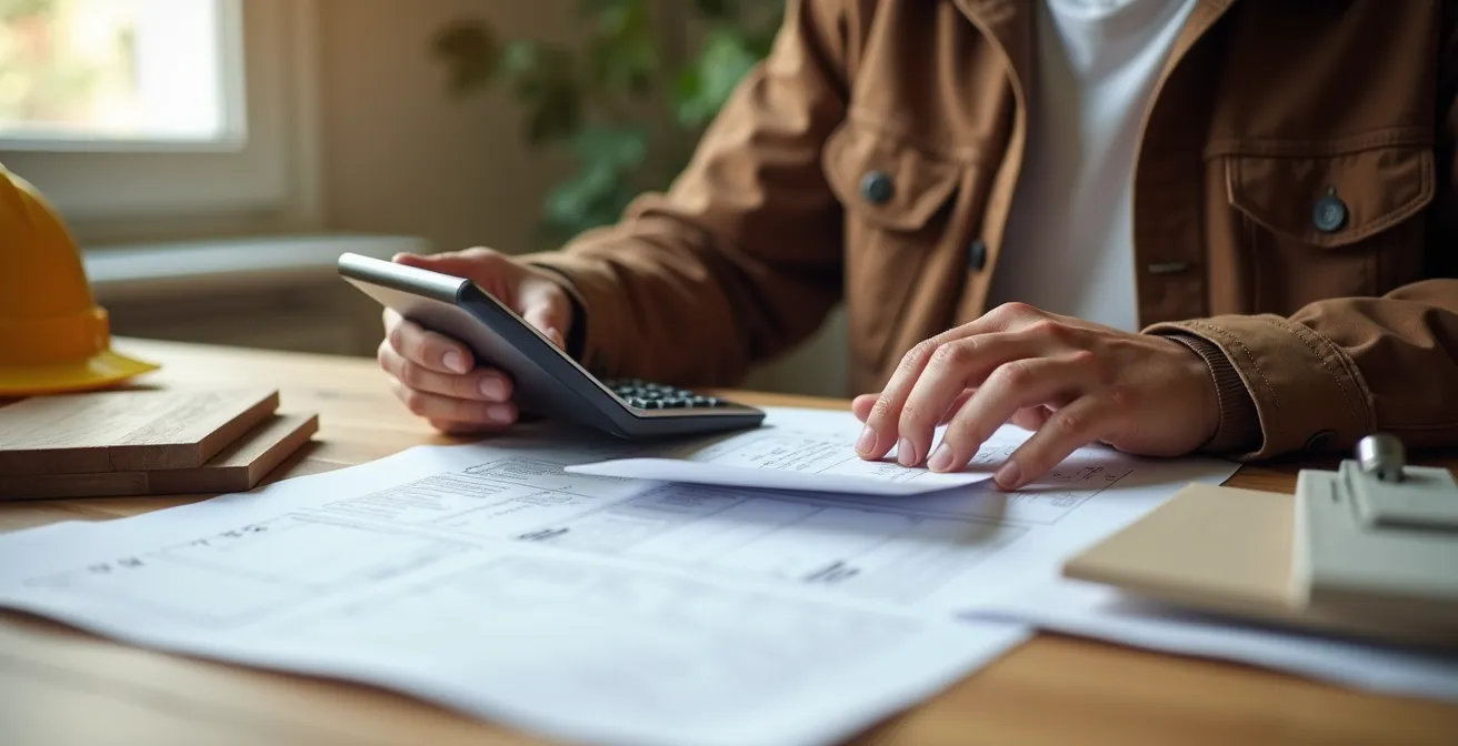 Bauherr dokumentiert sorgfältig seine Eigenleistungen mit Bauunterlagen, Rechnungen und einem Taschenrechner.