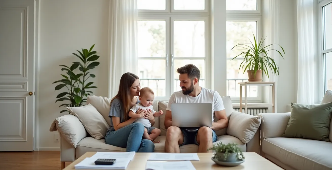 Junge Eltern mit Baby planen gemeinsam ihre Finanzen am Laptop