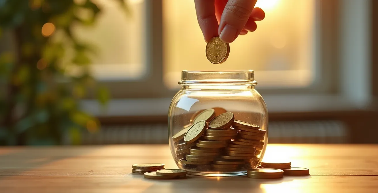 Nahaufnahme einer Hand, die eine goldene Münze in ein Glasgefäss voller Münzen wirft, warmes Licht symbolisiert Erfolg