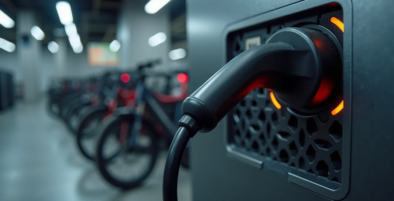 Moderner Fahrradabstellraum mit E-Bike-Ladestationen und Kinderwagenparkplatz