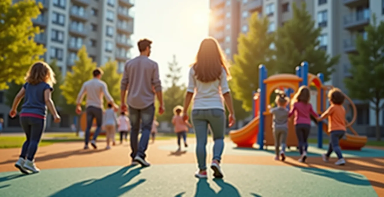 Moderne Wohngegend mit spielenden Kindern und Familien im Park