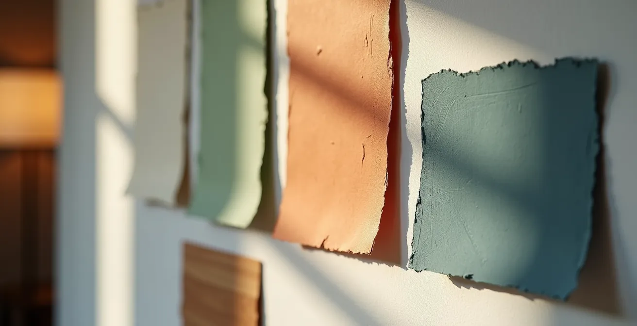 Testflächen mit verschiedenen Wandfarben an der Wand eines Nordzimmers bei unterschiedlichen Lichtverhältnissen
