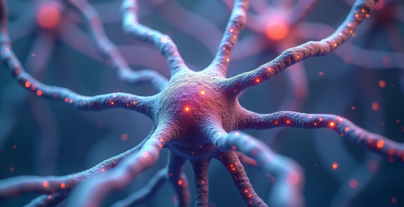 Makroaufnahme von Nervenfasern mit glänzender Myelinschicht in abstrakten Farben