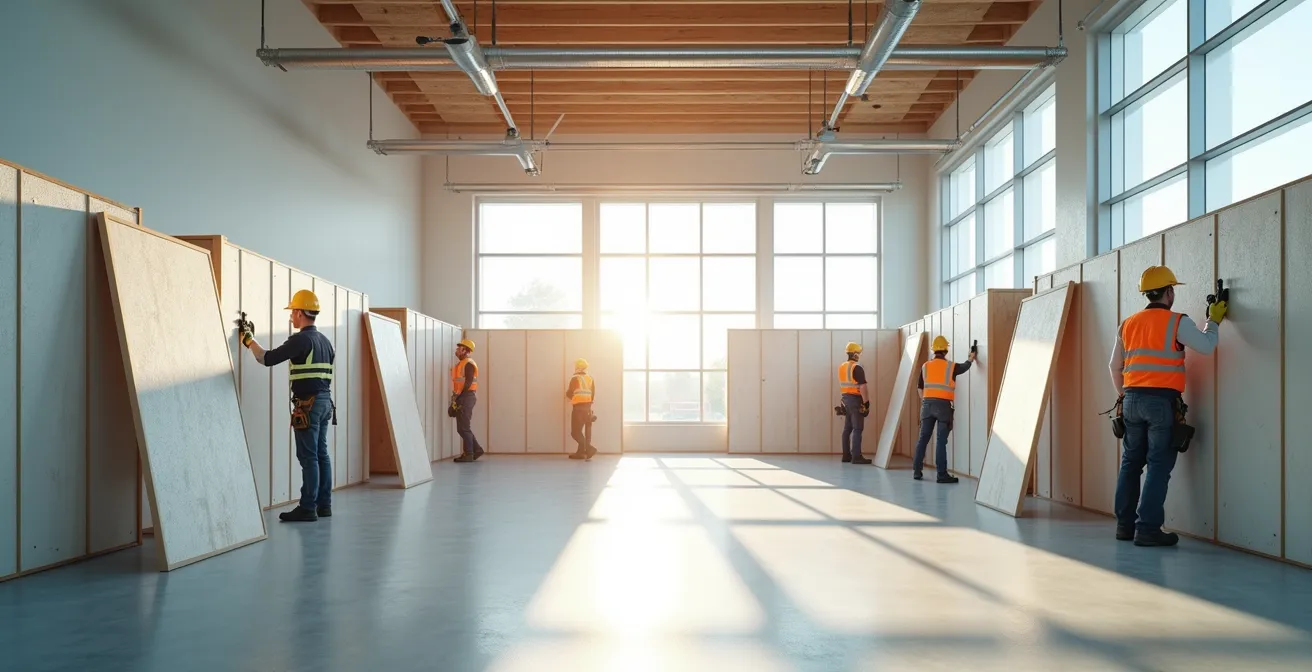 Weiterbildungsszene mit Handwerkern in modernem Schulungsraum, die energetische Sanierungstechniken lernen.