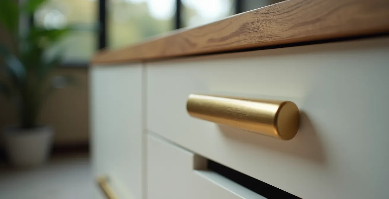 Nahaufnahme eines IKEA-Möbelstücks mit hochwertigen Messinggriffen und Designer-Details