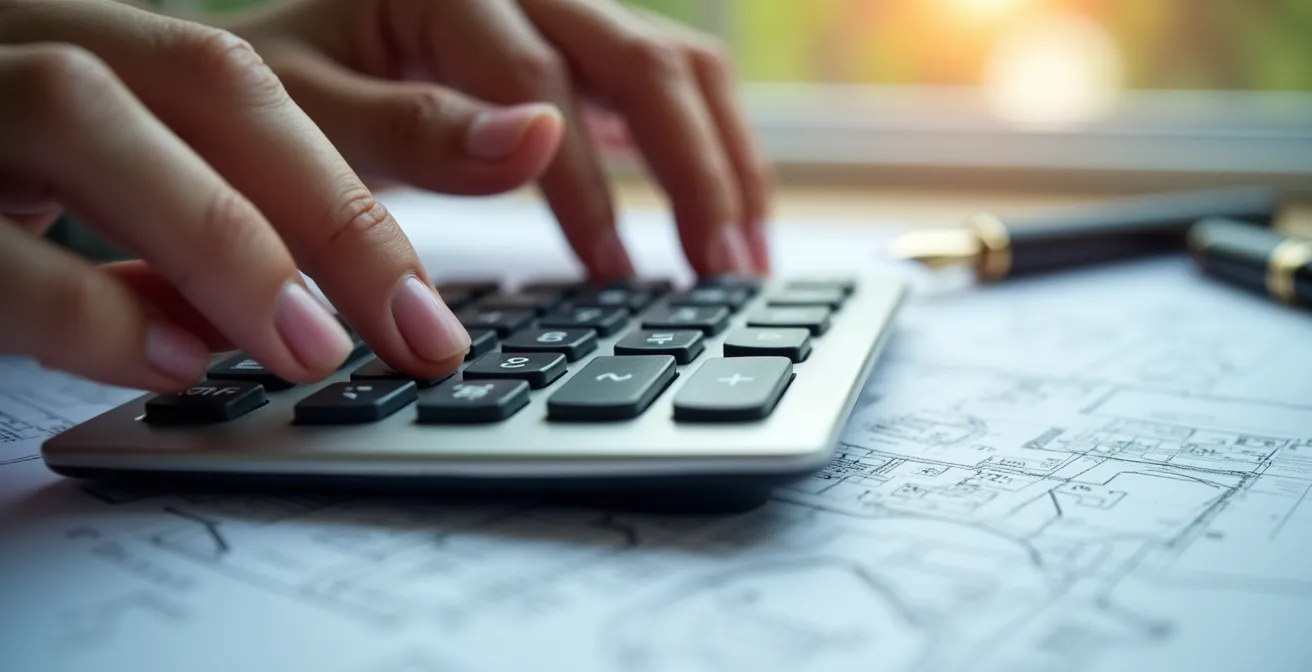 Detailaufnahme eines Taschenrechners, mit dem Immobilien-Nebenkosten auf Basis von Unterlagen berechnet werden.