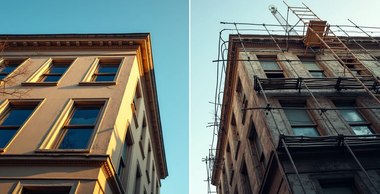 Kontrast zwischen leerstehendem Altbau und saniertem Gebäude nebeneinander