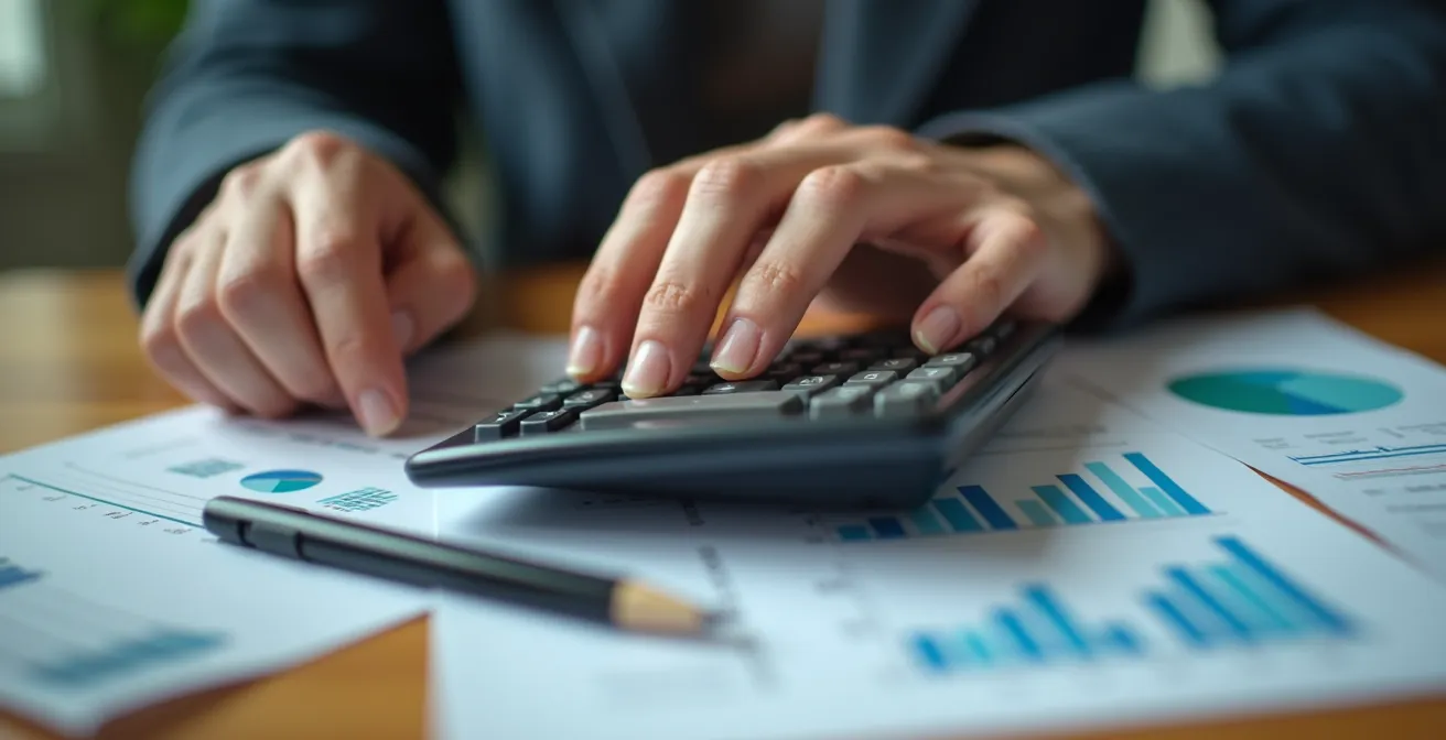 Detailaufnahme von Händen mit Taschenrechner bei Kostenvergleich
