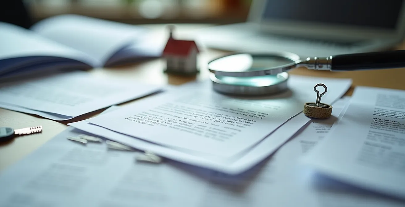 Professioneller Schreibtisch mit sorgfältig arrangierten anonymisierten Dokumenten zur Mieterprüfung