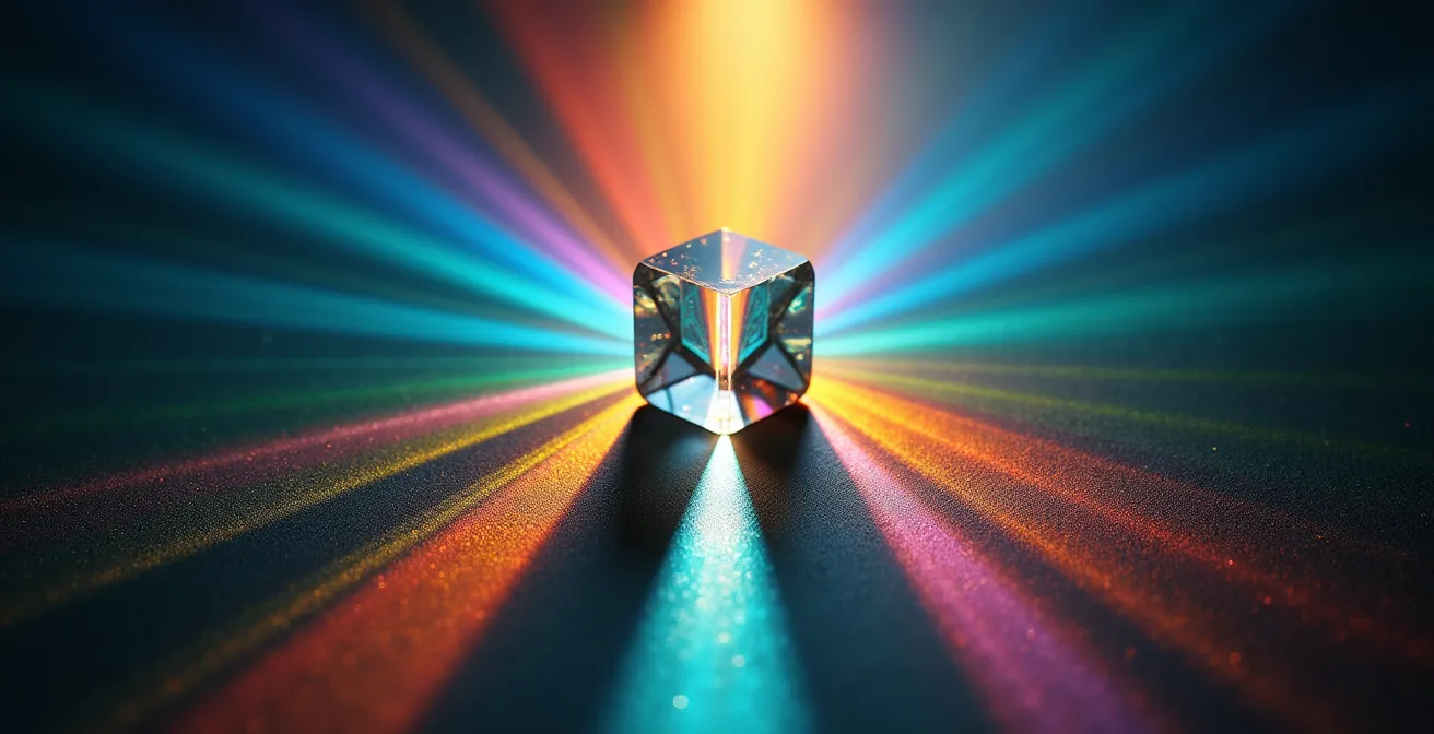 Abstrakte Darstellung diverser Perspektiven, die eine Echokammer durchbrechen, symbolisiert durch Lichtbrechung in Glasprismen.