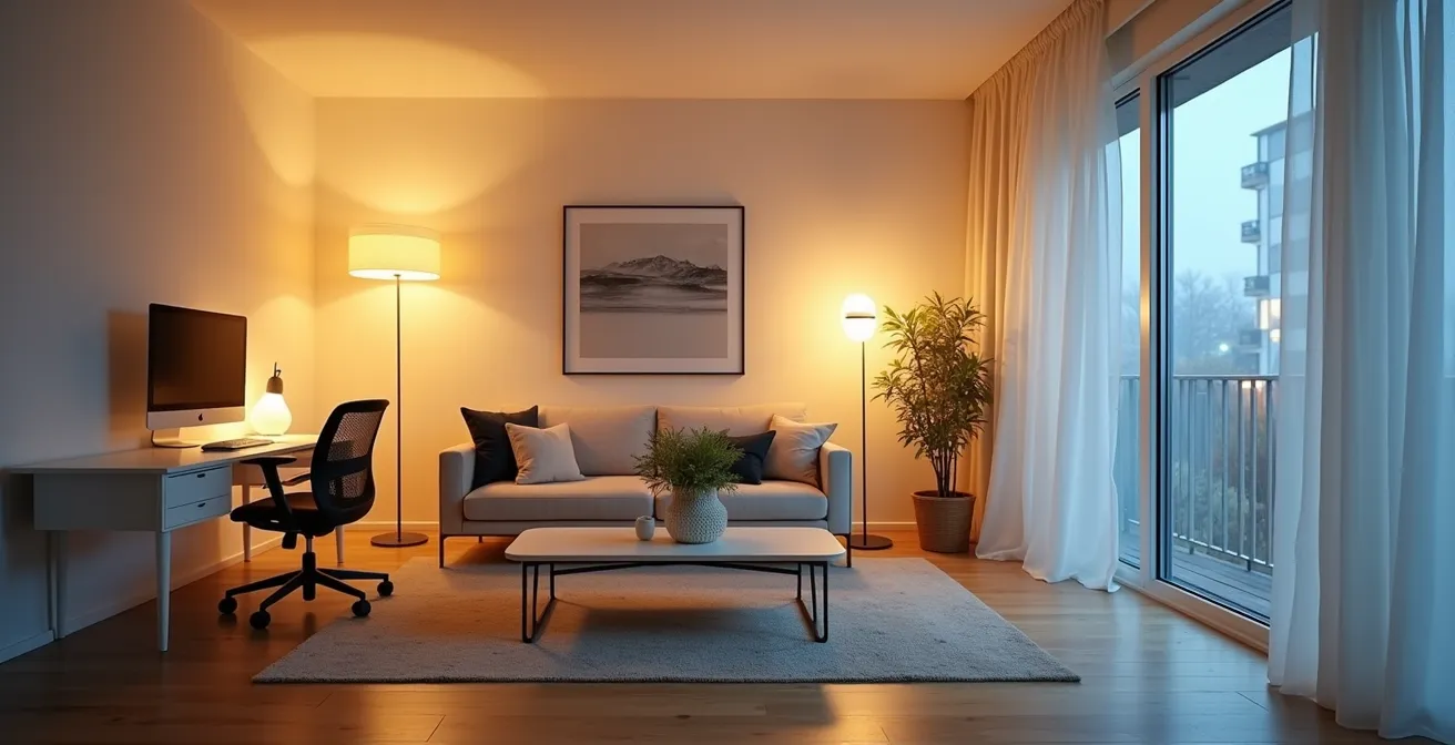 Offener Wohnraum mit unterschiedlichen Lichtzonen und flexiblen Raumteilern