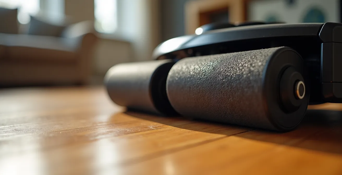 Detailaufnahme der Gummiwalzen eines Saugroboters bei der Tierhaarentfernung