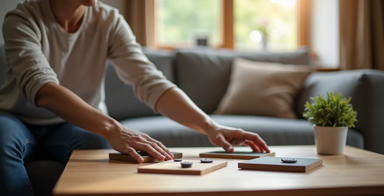 Ergonomische Abstände zwischen Sofa und Couchtisch mit sichtbaren Bewegungsräumen