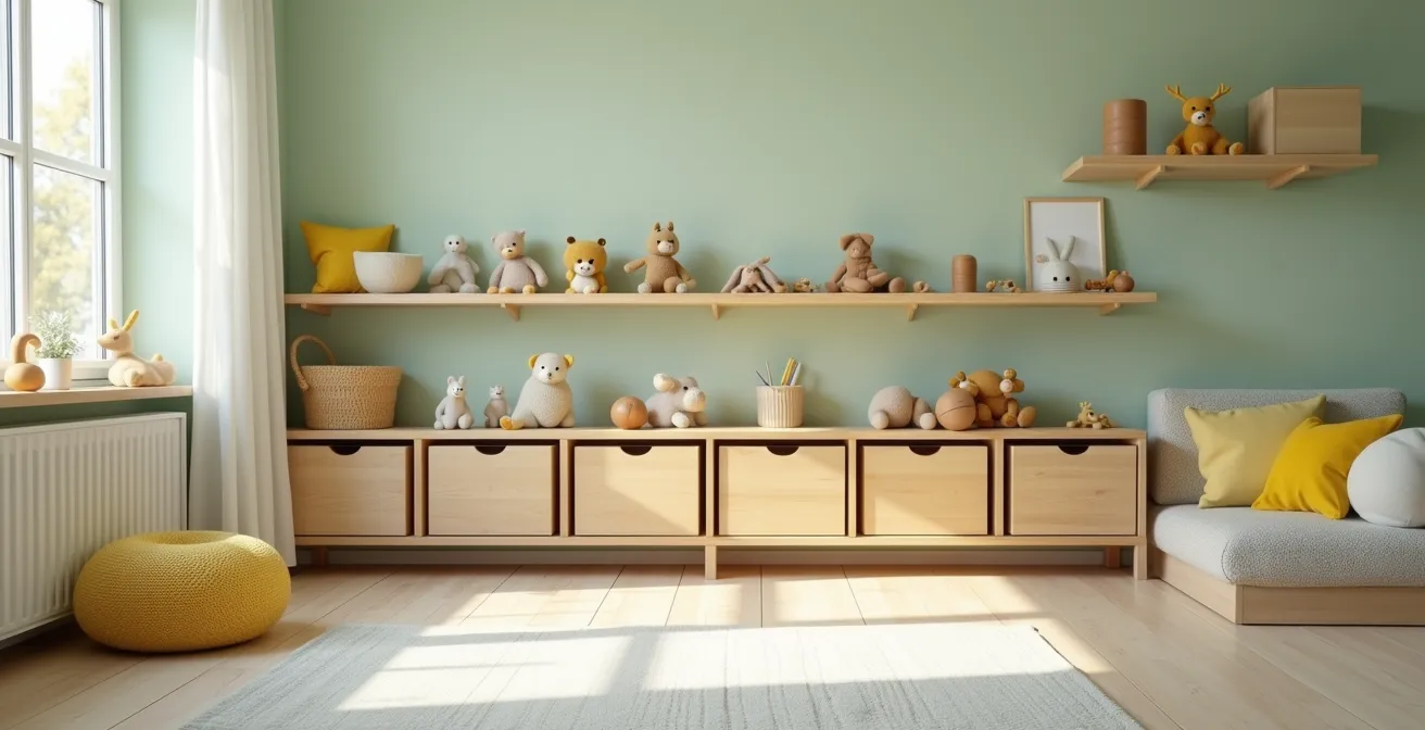 Aufgeräumtes Kinderzimmer mit niedrigen Regalen und ausgewählten Spielzeugen nach Montessori