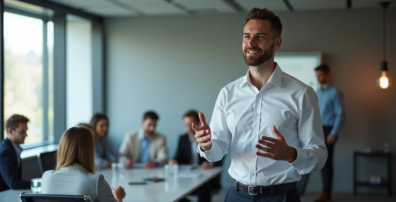 Geschäftsmensch im deutschen Büro macht selbstbewusst eine Präsentation, während Kollegen entspannt und unaufmerksam arbeiten