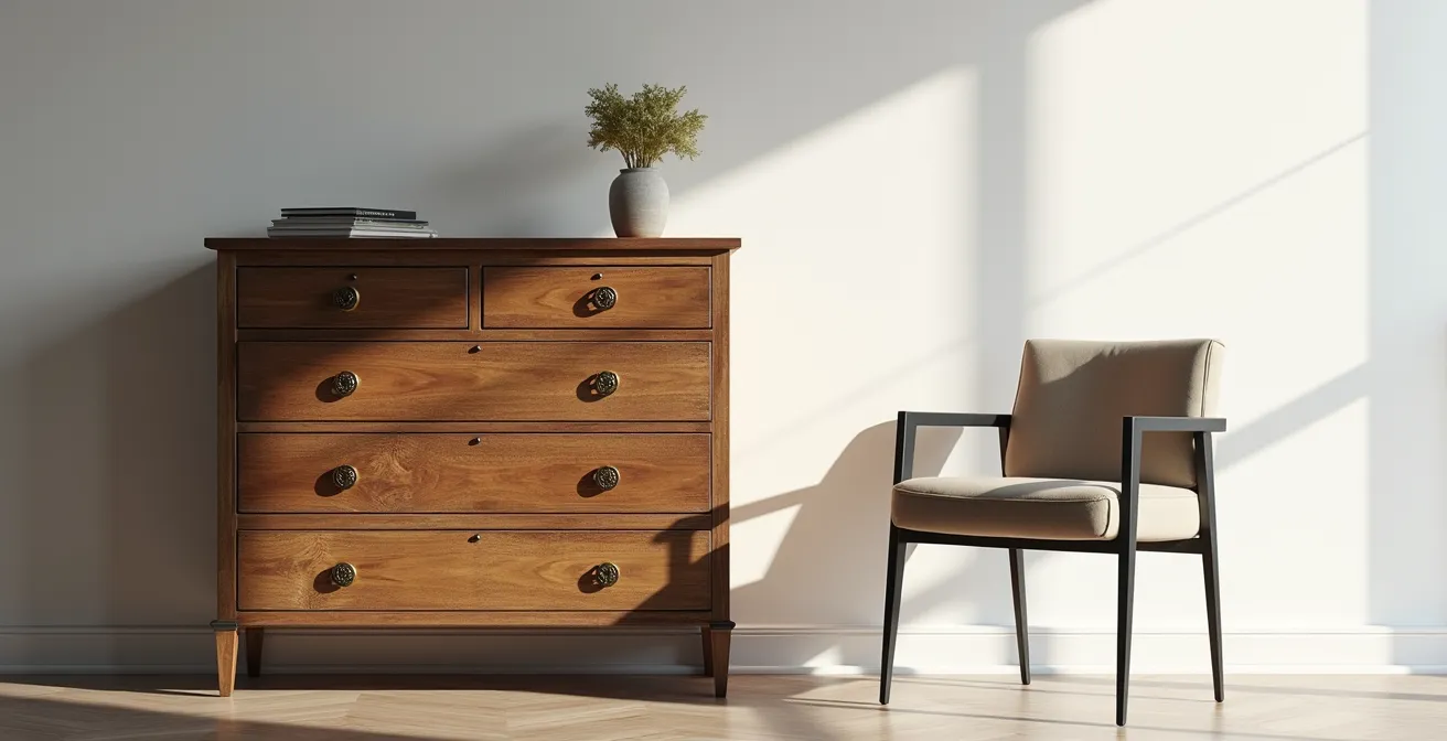 Antike Holzkommode neben modernem Designersessel in harmonischem Arrangement