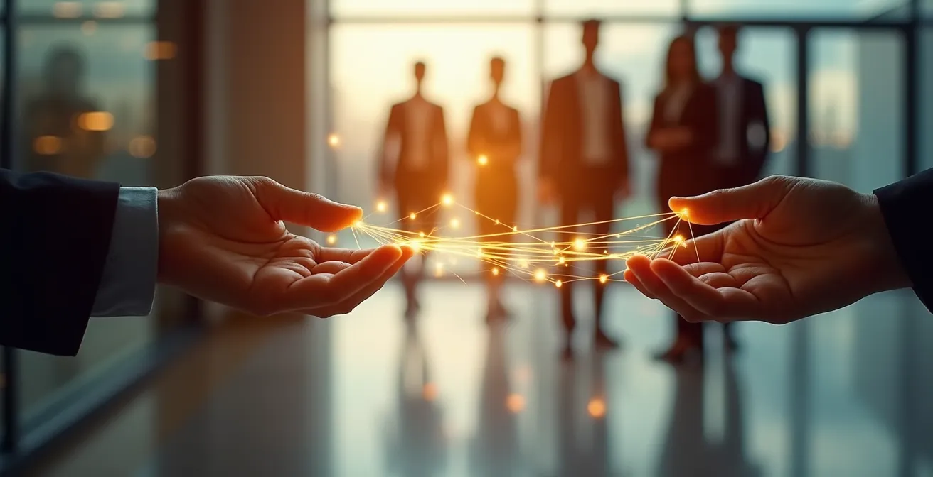 Visualisierung schwacher Bindungen im professionellen deutschen Netzwerk, dargestellt durch feine goldene Fäden, die zu verschiedenen Personen führen.