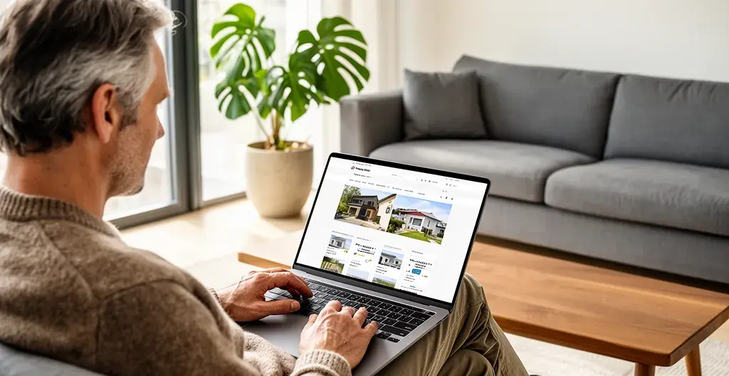 Person prüft Immobiliendaten am Laptop im Wohnzimmer – Online-Immobilienbewertung