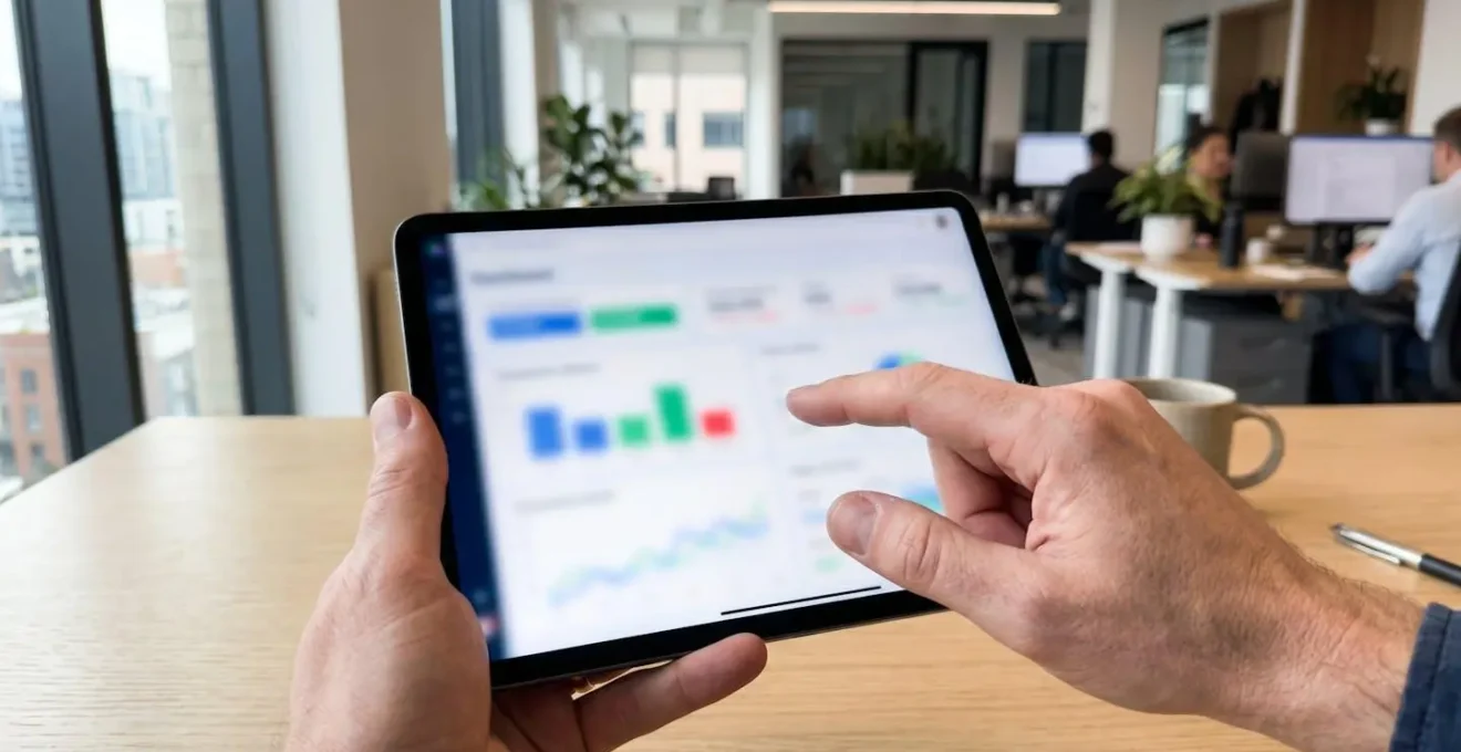 Nahaufnahme von Händen, die ein Tablet mit einem unscharfen Immobilien-Dashboard bedienen, auf einem modernen Schreibtisch
