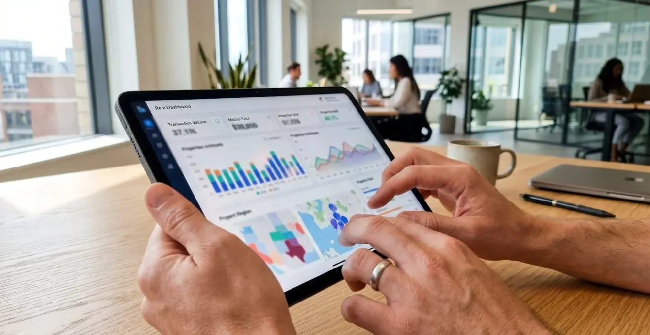 Nahaufnahme von Händen, die ein Tablet mit einem unscharfen Immobilien-Dashboard bedienen, auf einem modernen Schreibtisch