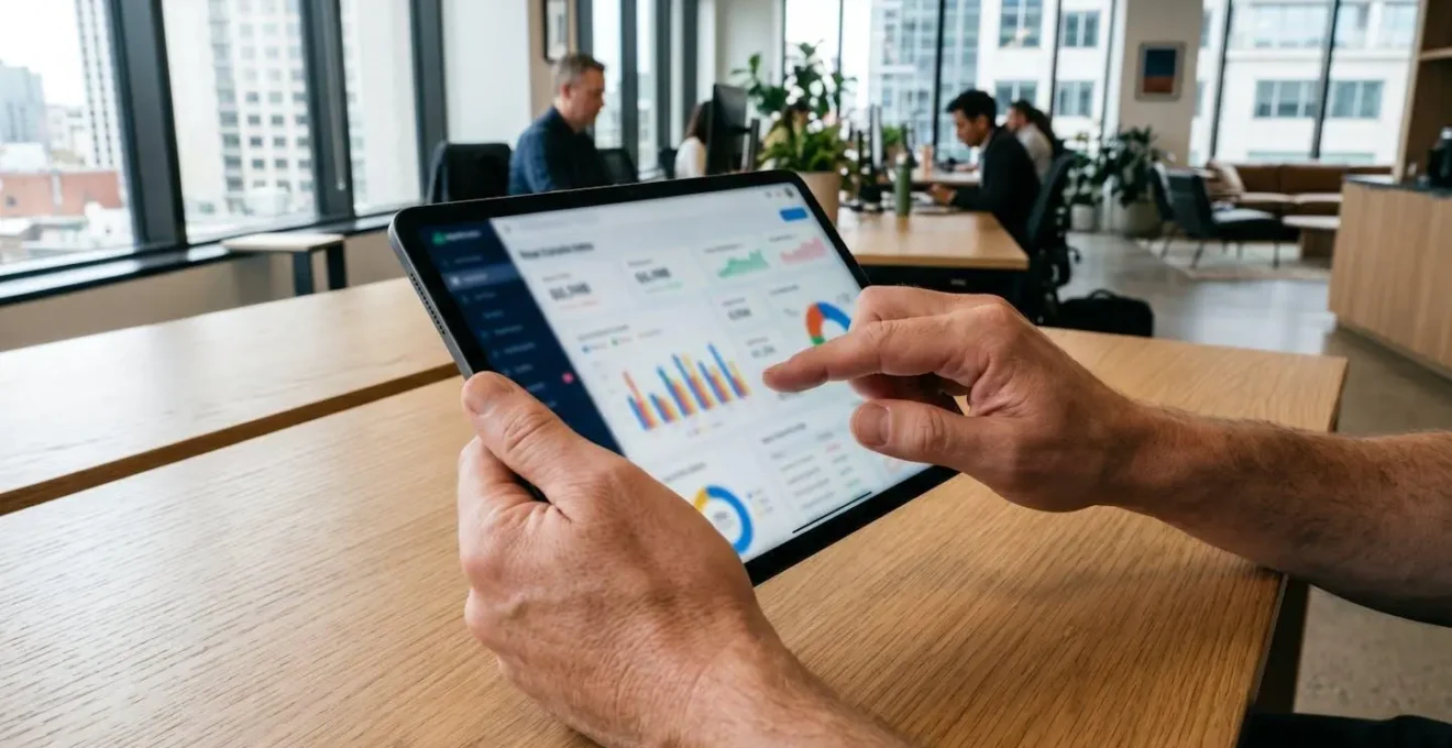 Nahaufnahme von Händen, die ein Tablet mit einem unscharfen Immobilien-Dashboard bedienen, auf einem modernen Schreibtisch