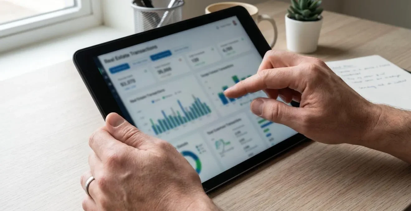 Nahaufnahme von Händen, die ein Tablet mit einem unscharfen Immobilien-Dashboard bedienen, auf einem modernen Schreibtisch