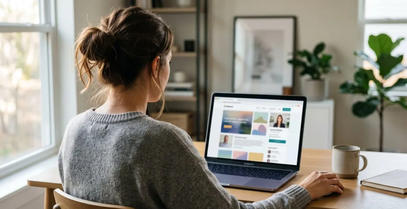 Rückenansicht einer Person, die Immobilienmakler-Profile auf einem Laptop in einem zeitgenössischen Home-Office durchsieht